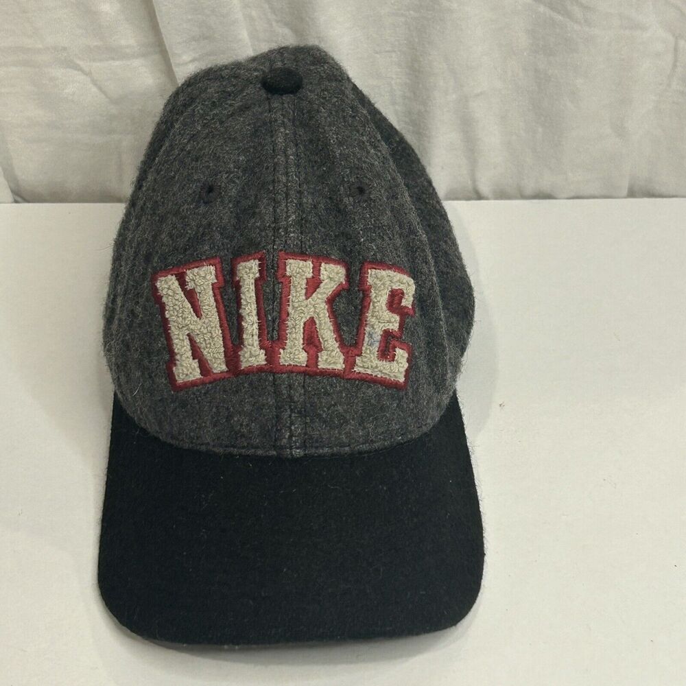 Nike‎ Vintage Hat Cap Spell Out Snapback Wool Blend Gray Black Made in USA Y2K